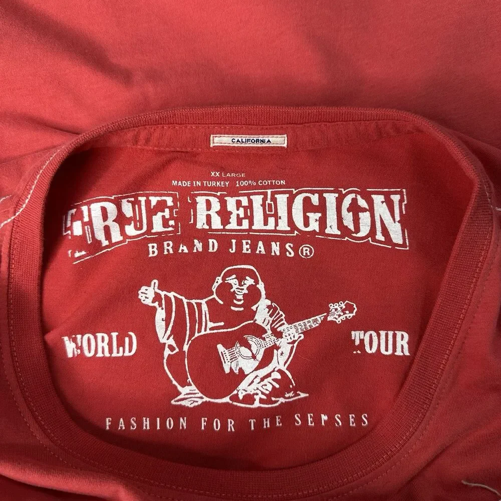 True‎ Religion California T Shirt Mens Sz XXL Red Applique Loose Threads Buddha